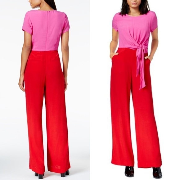 MAISON JULES COLORBLOCK PINK RED SHORT SLEEVE DRAPED TIE JUMPSUIT - Picture 1 of 16